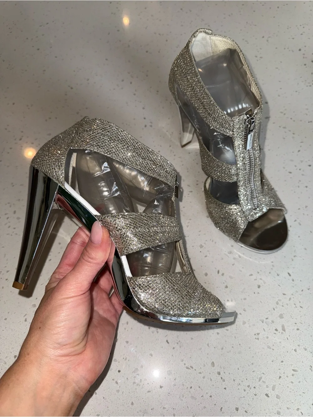 Michael Kors Silver Glitter Cutout High Heel Sandals